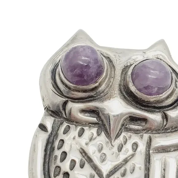 Large Mexican Sterling Silver Owl Brooch Taxco Purple Eyes 925 Artisan Bird Pin - Picture 2 of 11